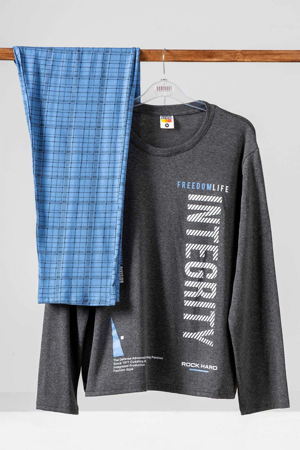 Rockhard Erkek Pijama Takımı Uzun Kollu Yazılı Alt Ekoseli Pamuklu