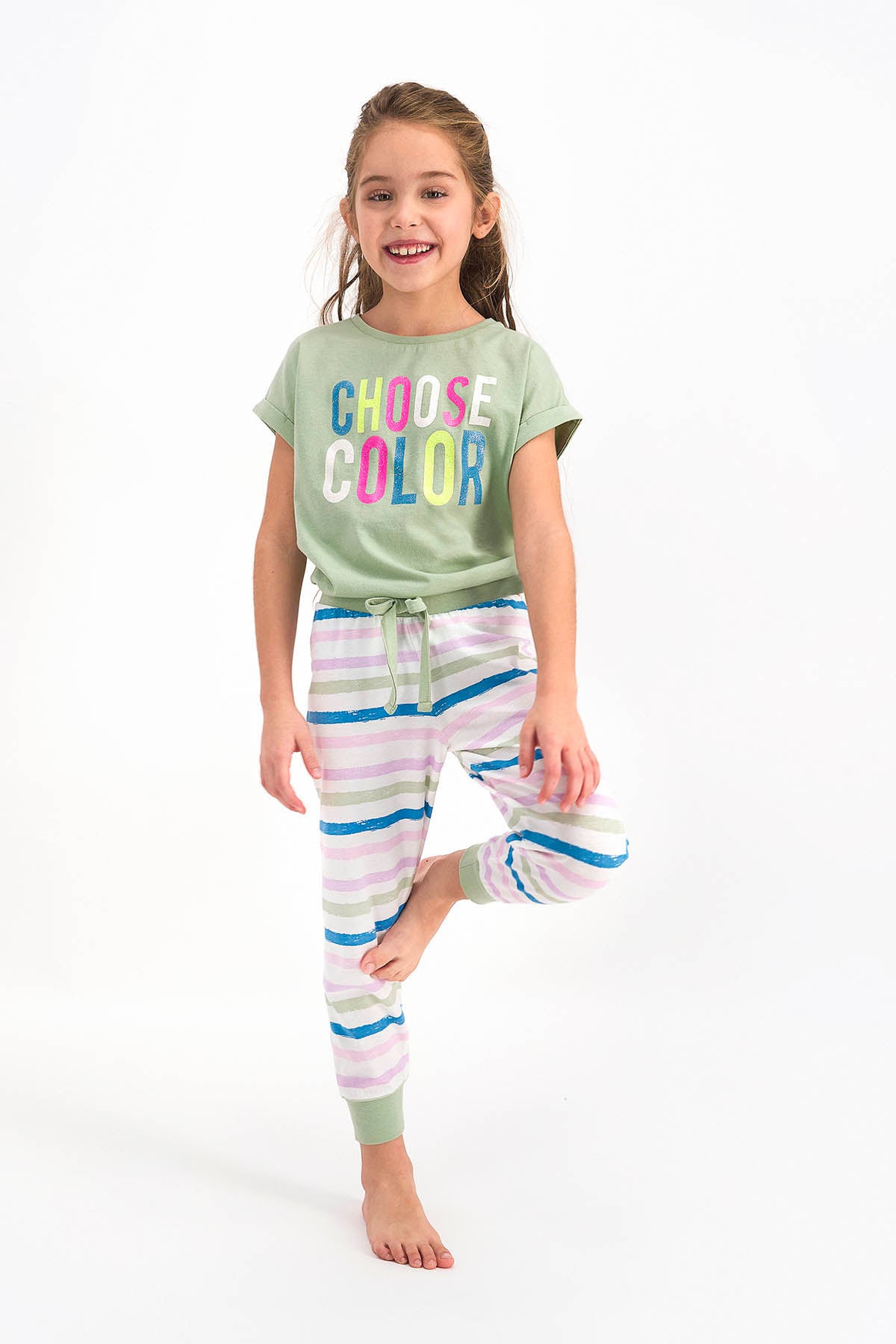 Roly Poly Kız Çocuk Pijama Takımı Kısa Kol Choose Clour Desenli - V1 Süprem Kumaş