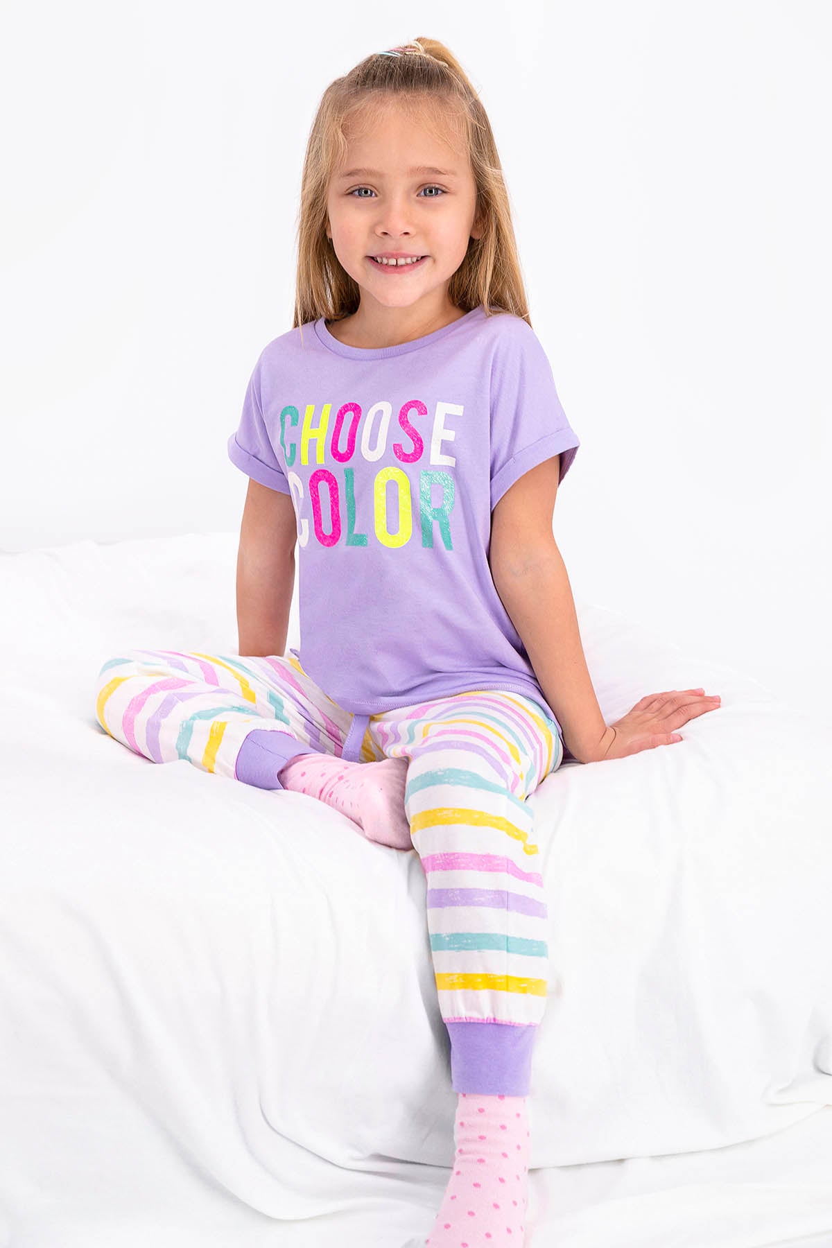 Roly Poly Kız Çocuk Pijama Takımı Kısa Kol Choose Clour Desenli - V1 Süprem Kumaş