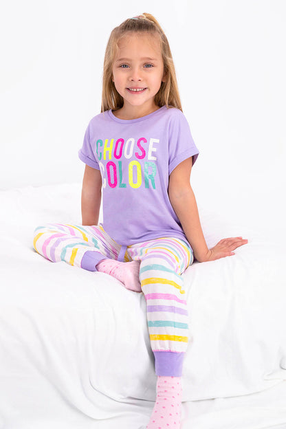 Roly Poly Kız Çocuk Pijama Takımı Kısa Kol Choose Clour Desenli - V1 Süprem Kumaş