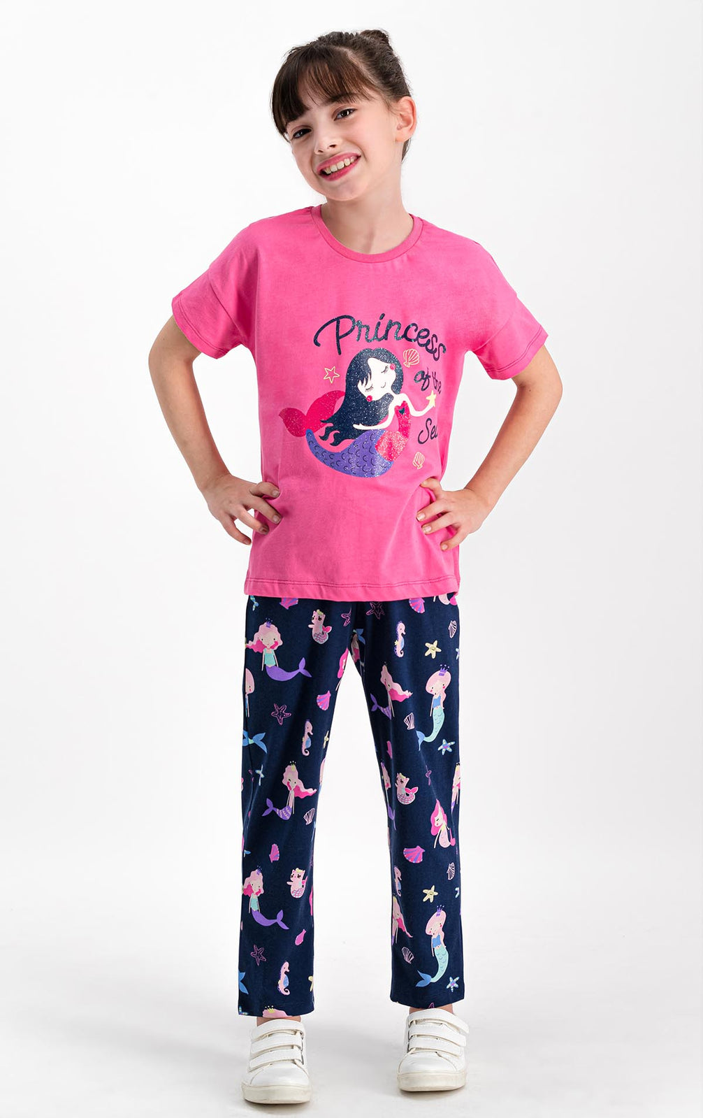 Roly Poly Kız Çocuk Pijama Takımı Kısa Kol Denizkızı Desen