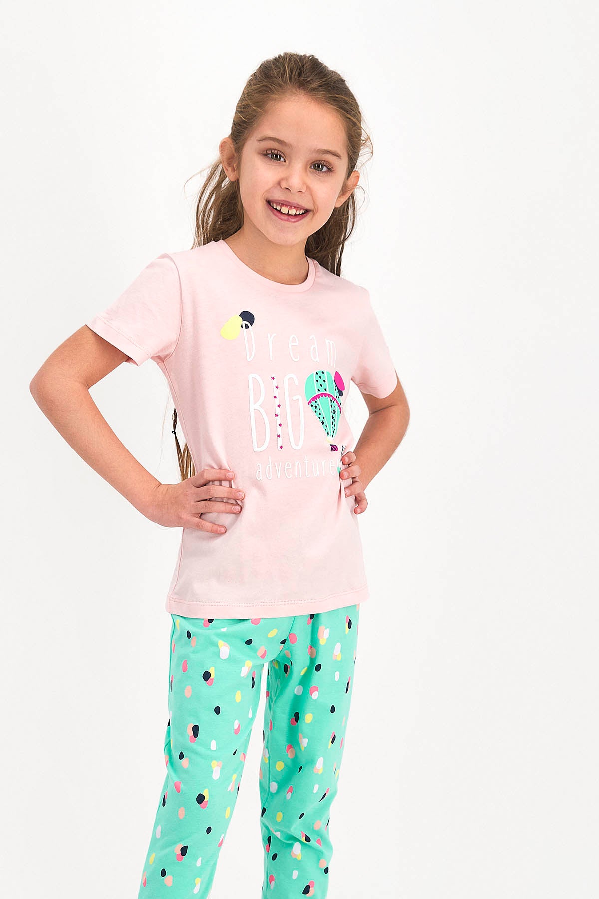 Roly Poly Kız Çocuk Pijama Takımı Kısa Kol Dream Big Desenli - V1 Süprem Kumaş