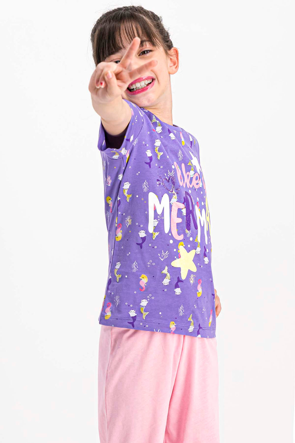 Roly Poly Kız Çocuk Pijama Takımı Kısa Kol Mermaid Desen