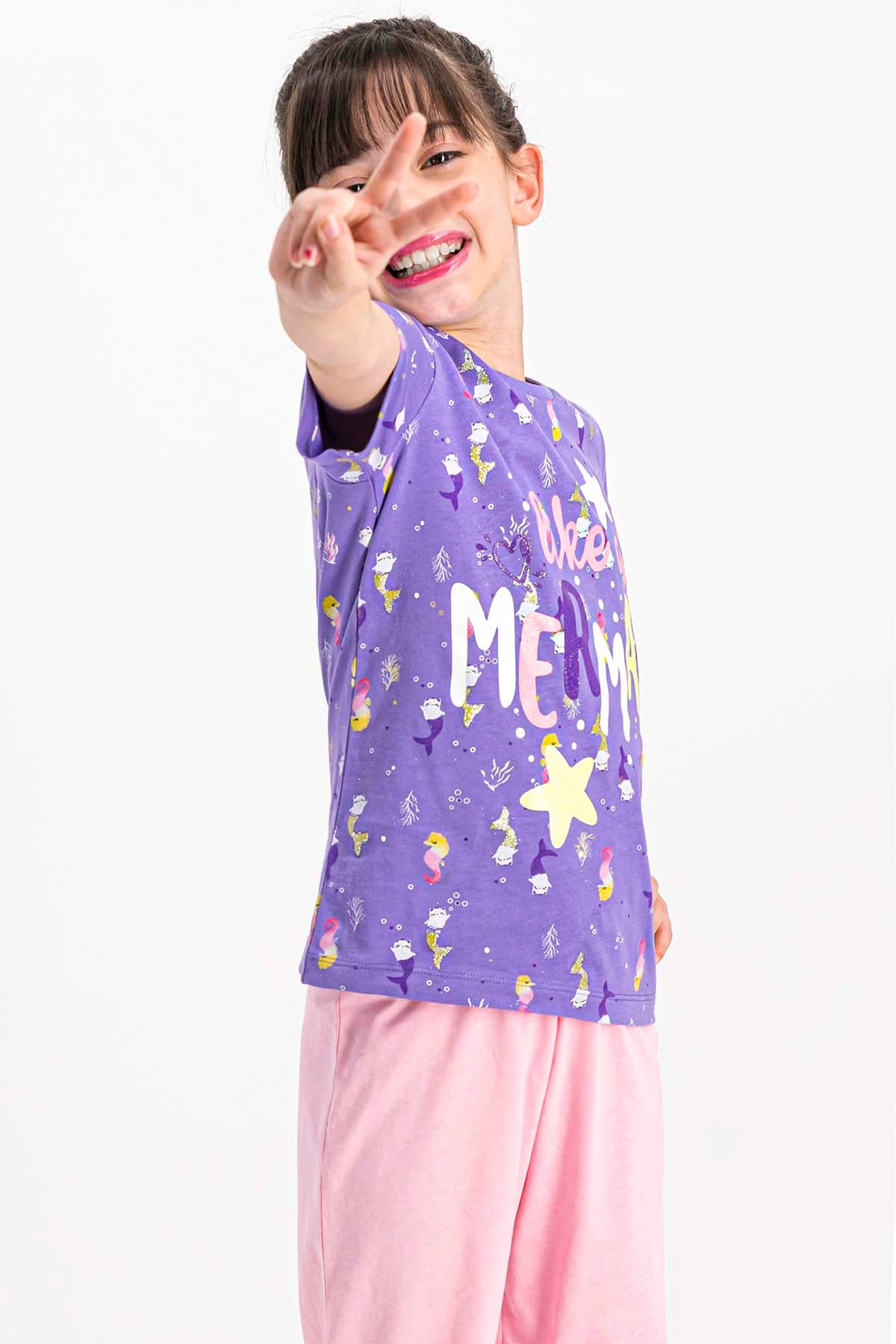 Roly Poly Kız Çocuk Pijama Takımı Kısa Kol Mermaid Desen