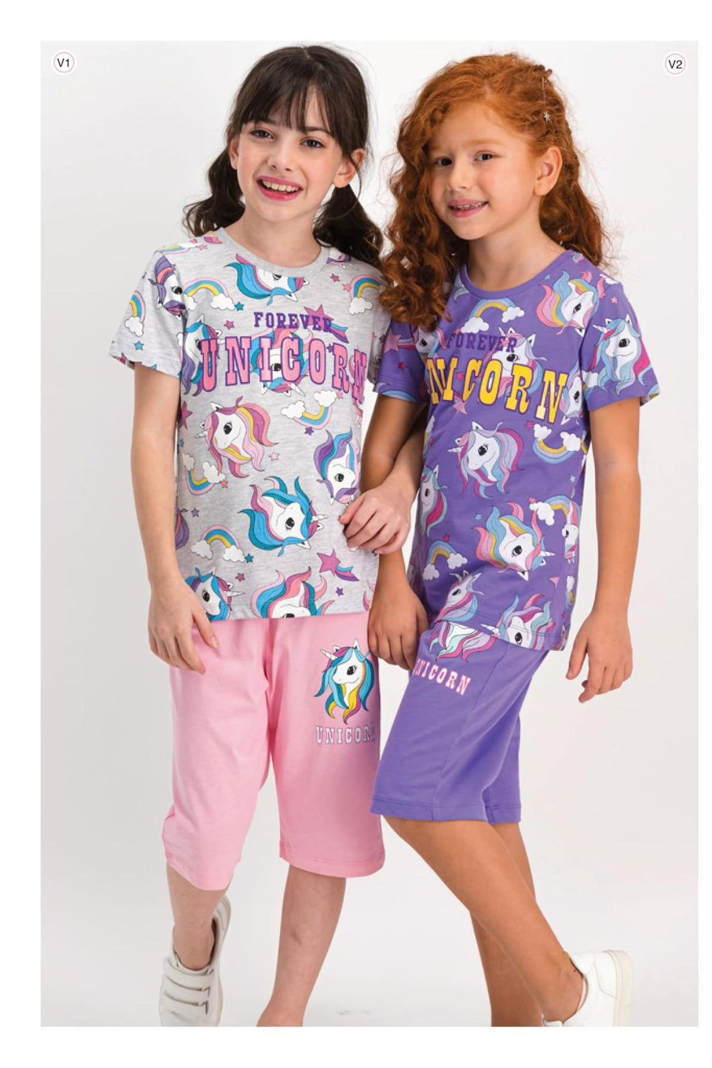 RolyPoly Kız Çocuk 2'li Kapri Takım Yarım Kol Forever Unicorn Desenli Süprem