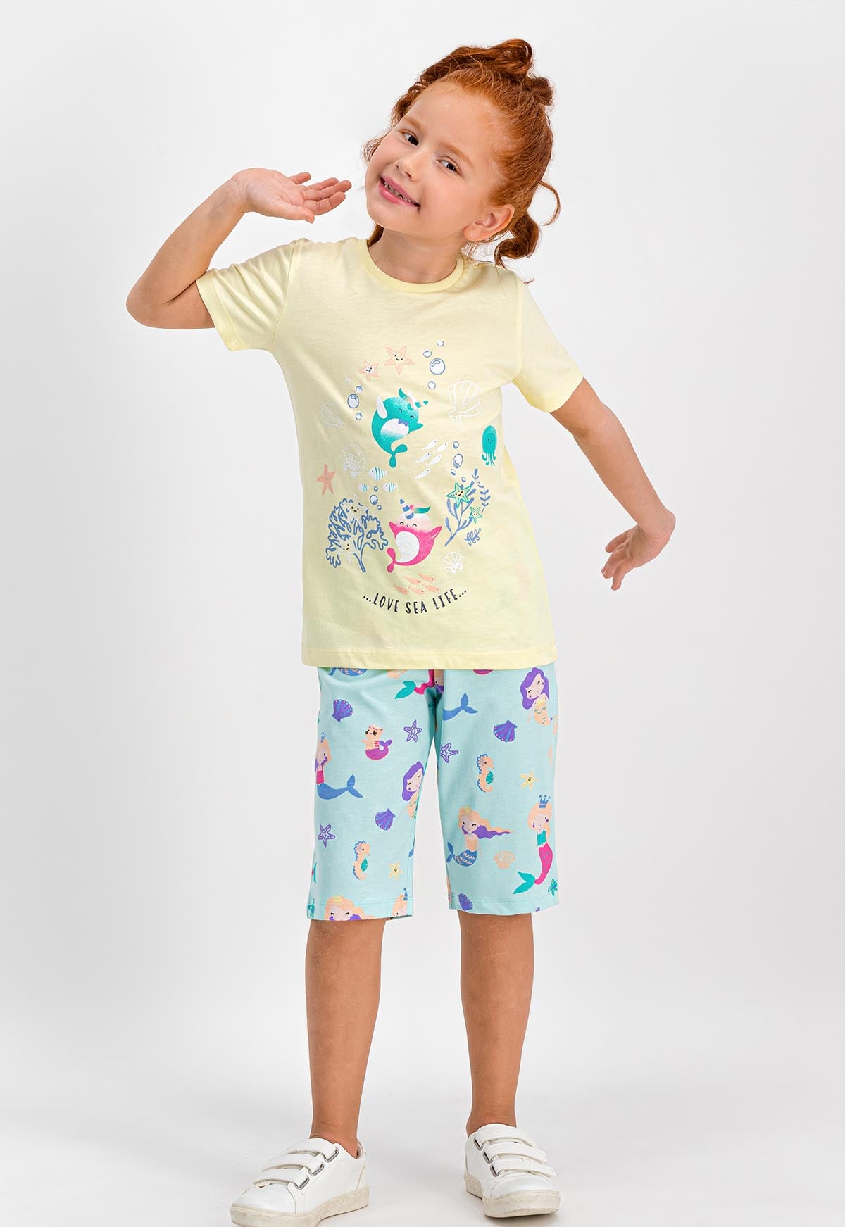 RolyPoly Kız Çocuk 2'li Kapri Takım Yarım Kol Love Sea Life Desenli Süprem