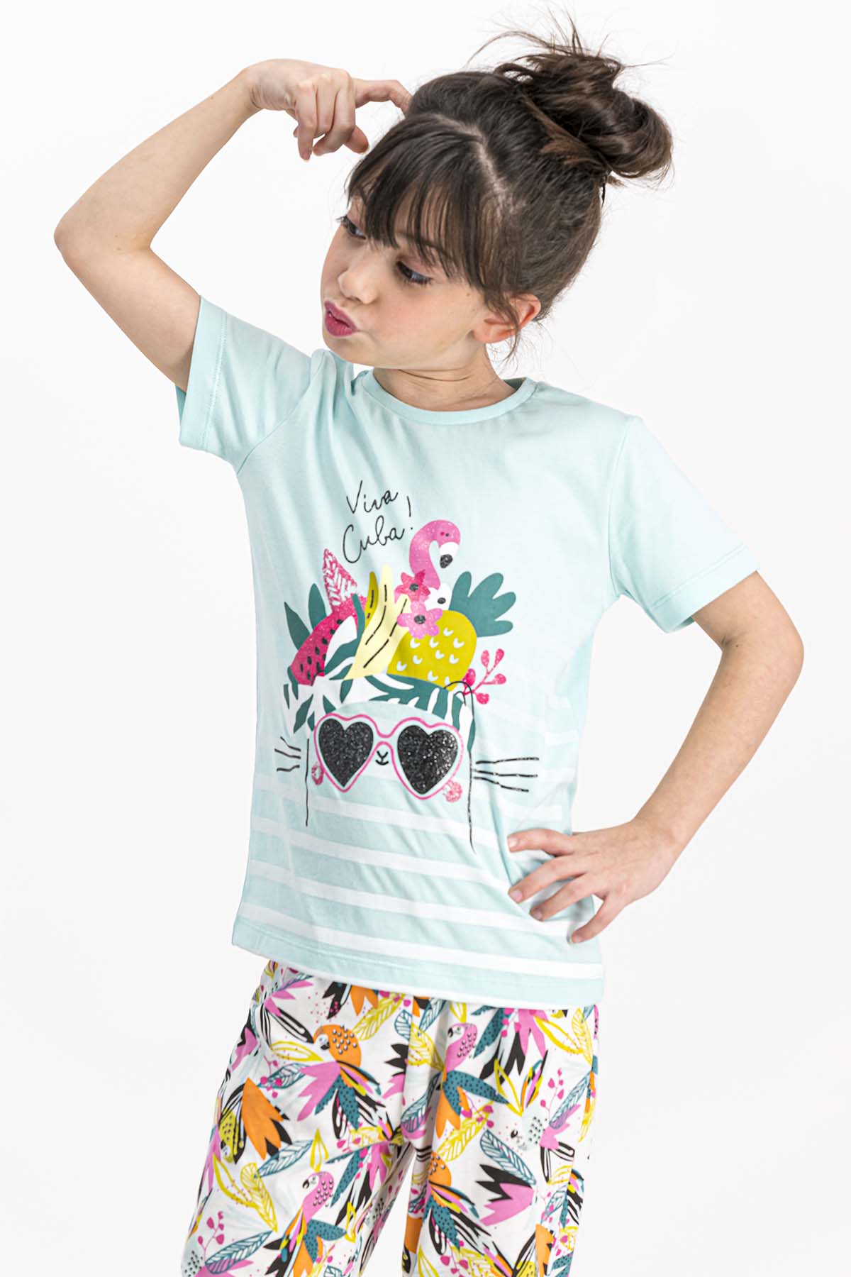 RolyPoly Kız Çocuk 2'li Pijama Takımı Yarım Kol Gözlük Flamingo Papağan Desenli Paça Lastikli Süprem