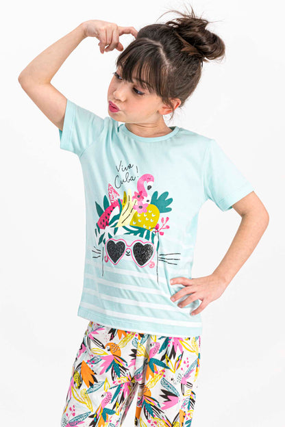 RolyPoly Kız Çocuk 2'li Pijama Takımı Yarım Kol Gözlük Flamingo Papağan Desenli Paça Lastikli Süprem