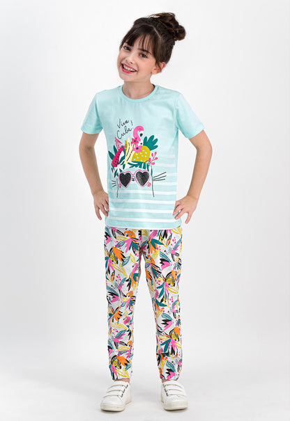RolyPoly Kız Çocuk 2'li Pijama Takımı Yarım Kol Gözlük Flamingo Papağan Desenli Paça Lastikli Süprem