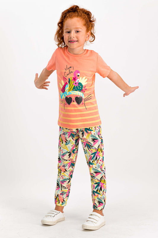 RolyPoly Kız Çocuk 2'li Pijama Takımı Yarım Kol Gözlük Flamingo Papağan Desenli Paça Lastikli Süprem