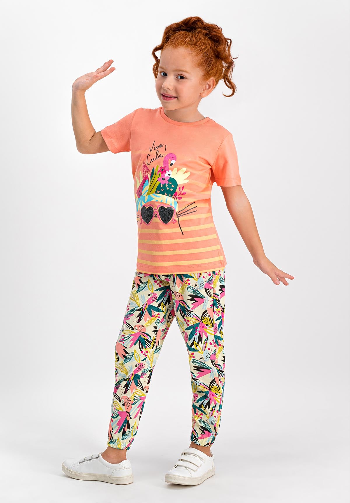 RolyPoly Kız Çocuk 2'li Pijama Takımı Yarım Kol Gözlük Flamingo Papağan Desenli Paça Lastikli Süprem