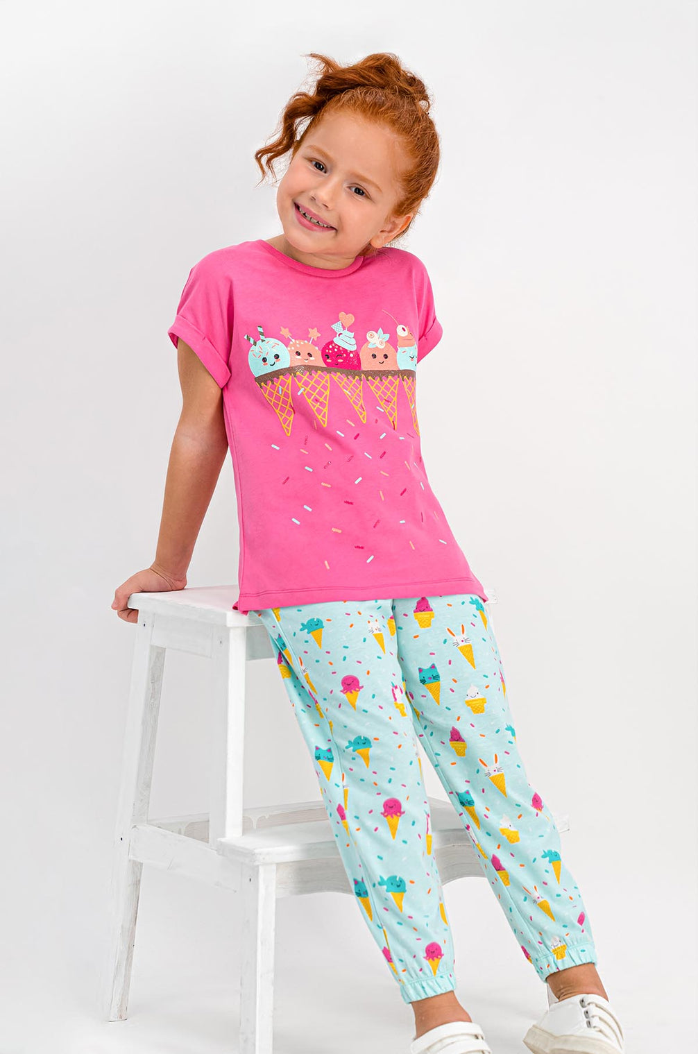 RolyPoly Kız Çocuk 2'li Pijama Takımı Yarım Kol Ice Cream Desenli Paça Lastikli Süprem