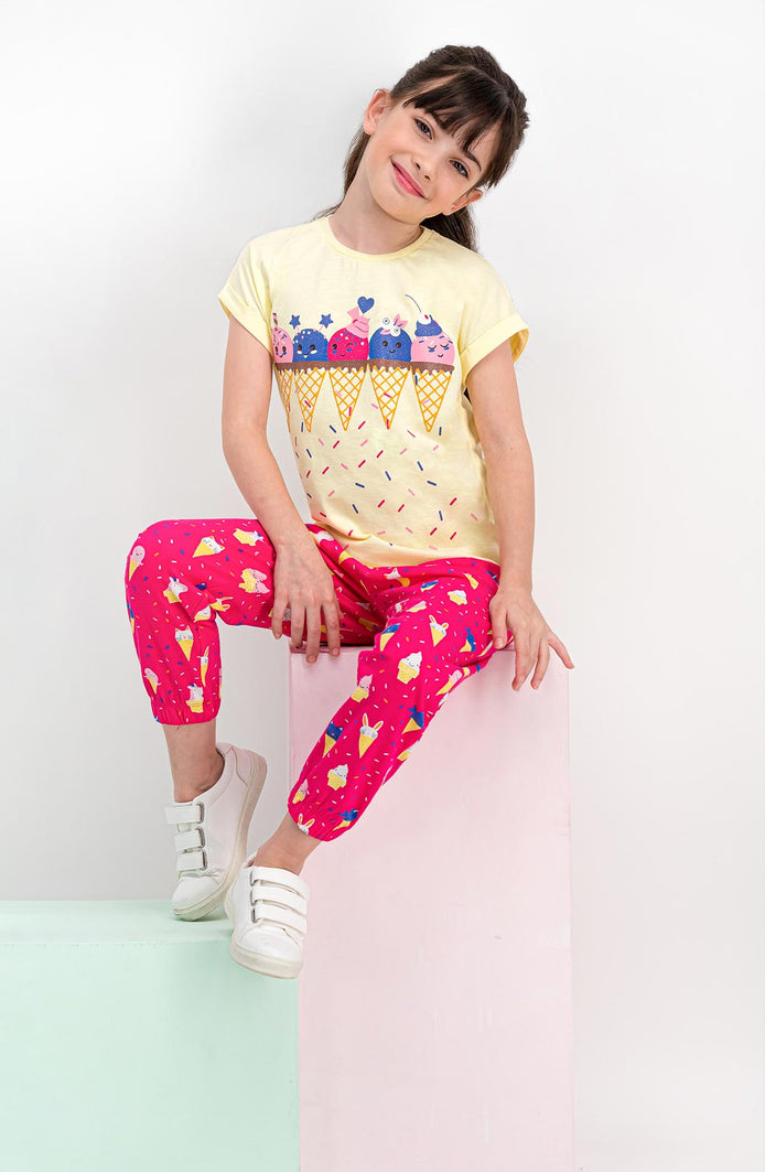 RolyPoly Kız Çocuk 2'li Pijama Takımı Yarım Kol Ice Cream Desenli Paça Lastikli Süprem