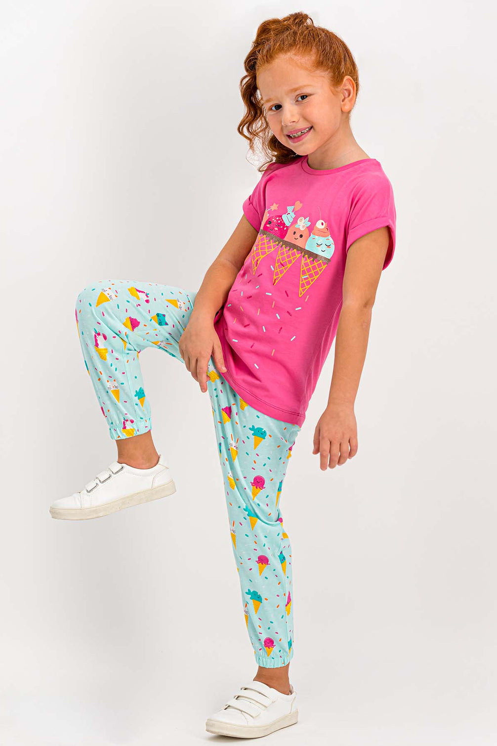RolyPoly Kız Çocuk 2'li Pijama Takımı Yarım Kol Ice Cream Desenli Paça Lastikli Süprem