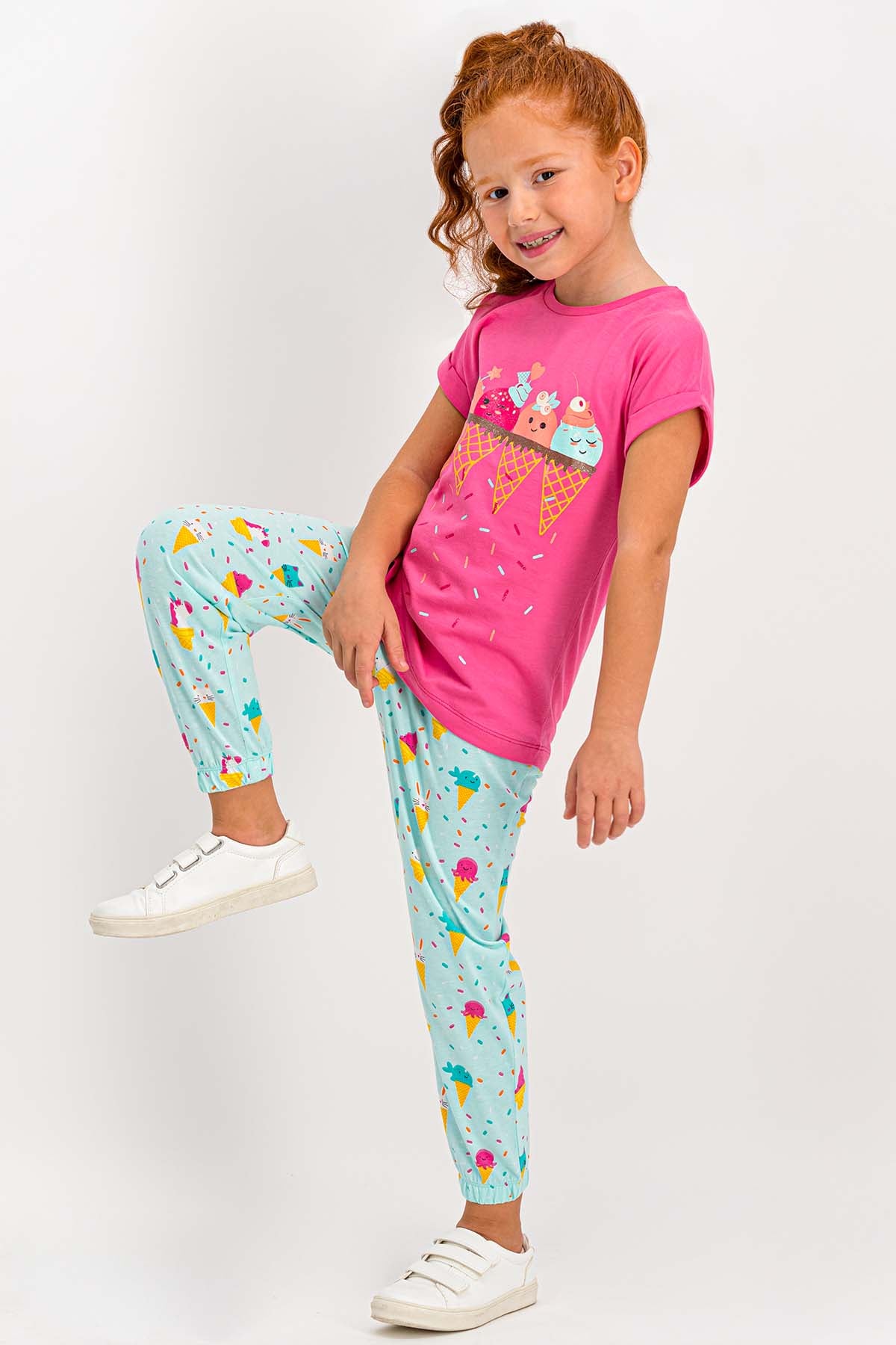 RolyPoly Kız Çocuk 2'li Pijama Takımı Yarım Kol Ice Cream Desenli Paça Lastikli Süprem