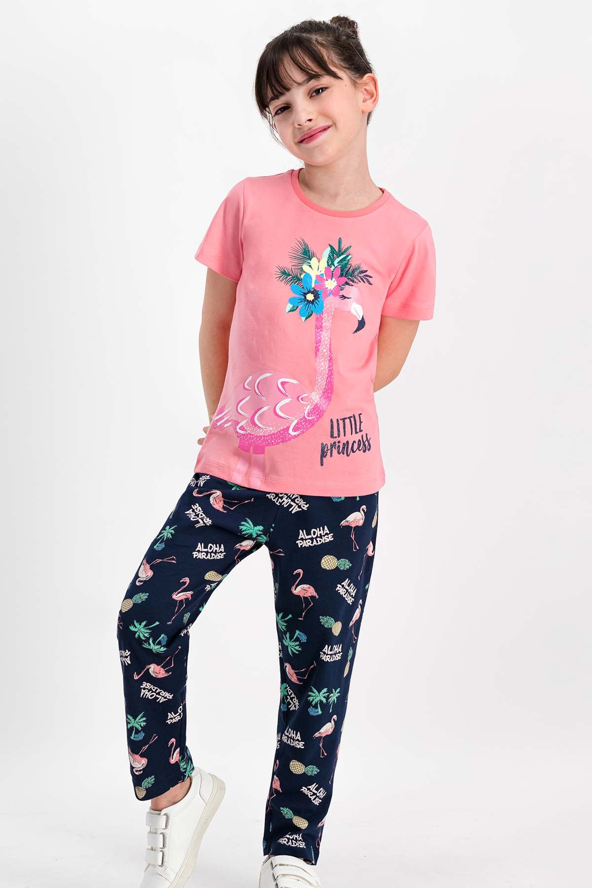 RolyPoly Kız Çocuk 2'li Pijama Takımı Yarım Kol Little Princess Flamingo Desenli Süprem