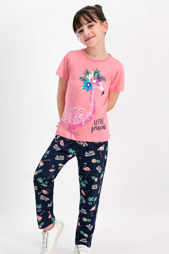 RolyPoly Kız Çocuk 2'li Pijama Takımı Yarım Kol Little Princess Flamingo Desenli Süprem