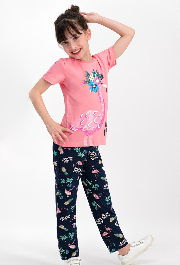 RolyPoly Kız Çocuk 2'li Pijama Takımı Yarım Kol Little Princess Flamingo Desenli Süprem
