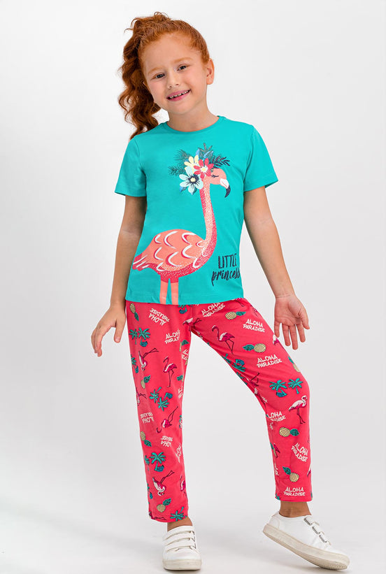 RolyPoly Kız Çocuk 2'li Pijama Takımı Yarım Kol Little Princess Flamingo Desenli Süprem