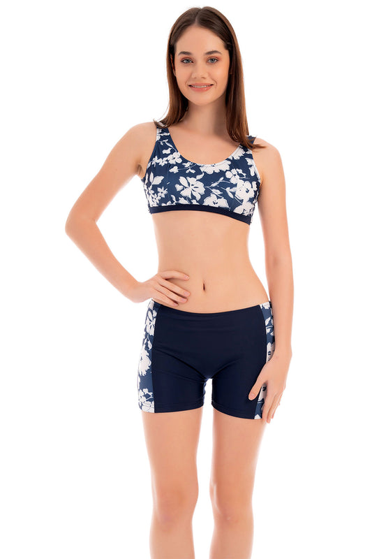 Ruko Kadın Bikini Takımı Çiçek Desenli Omuzdan Askılı Freeset Model Şortlu Lycra Kumaş