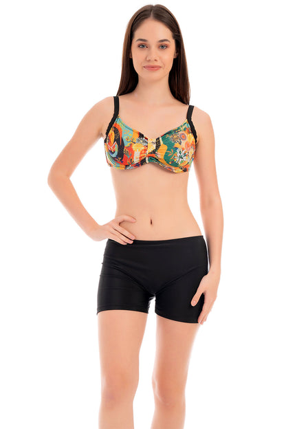 Ruko Kadın Bikini Takımı Çiçek Desenli Omzudan Ayar Askılı Toparlayıcı Model Balenli Lycra Kumaş Şortlu
