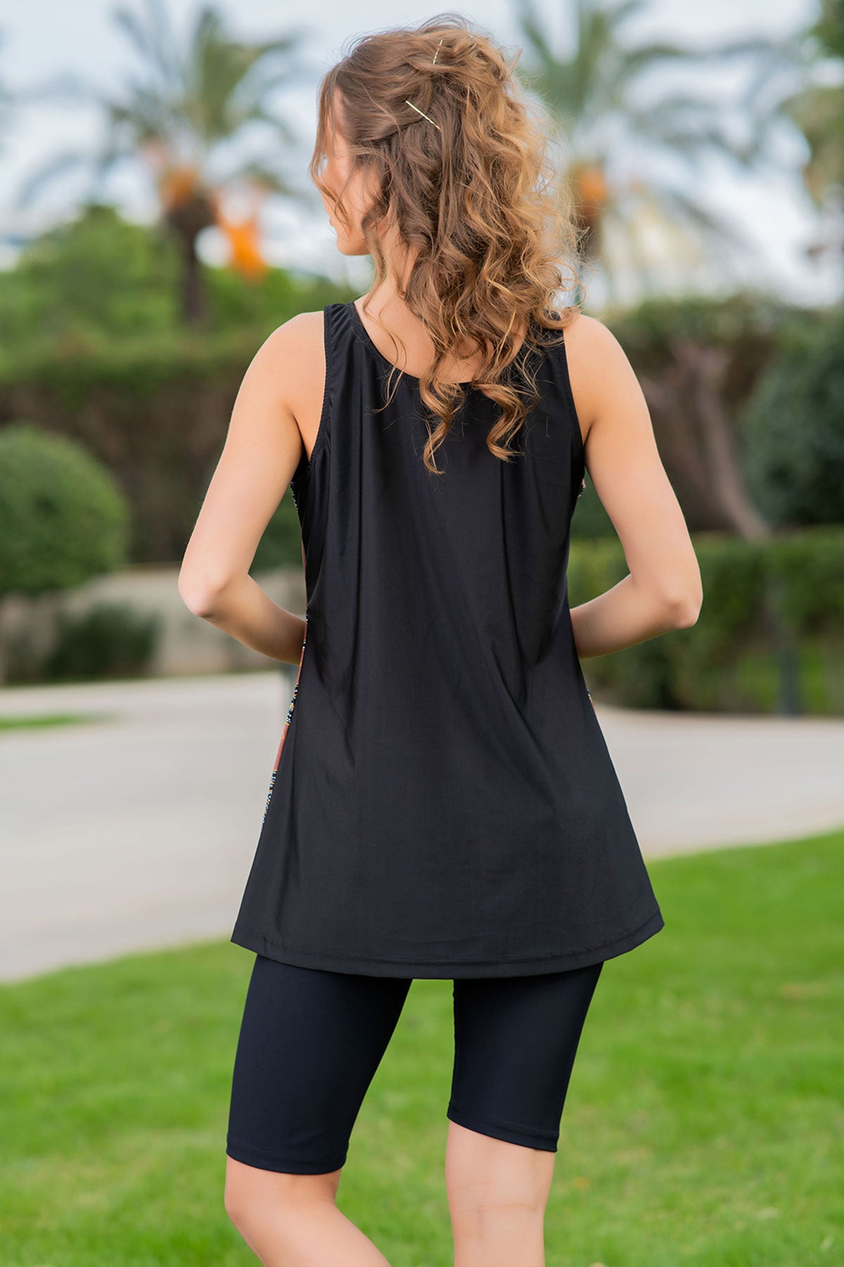 Ruko Kadın Tankini Yaprak Desenli Büyük Beden Omuzdan Askılı Lycra Kumaş Taytlı