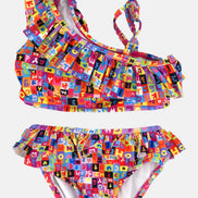 Sailor Kız Çocuk Bikini Takımı Tek Omuz Alfabe Desenli