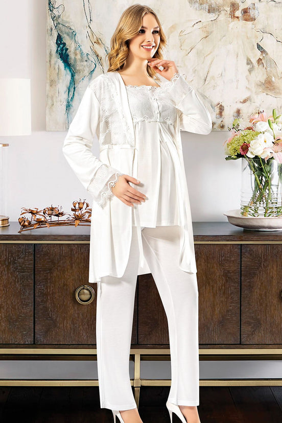 X-Ses Kadın Lohusa 3'lü Pijama Takımı Dantelli Penye