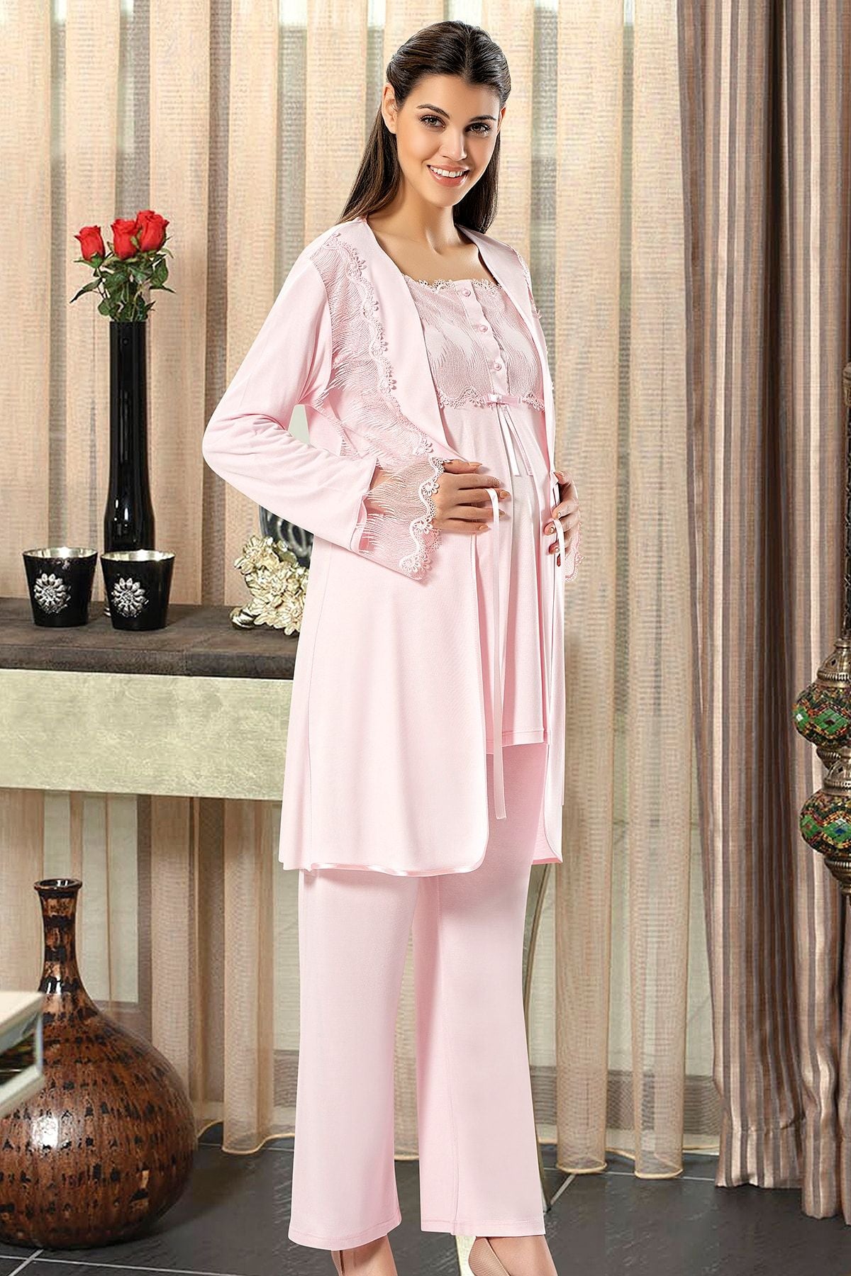 X-Ses Kadın Lohusa 3'lü Pijama Takımı Dantelli Penye