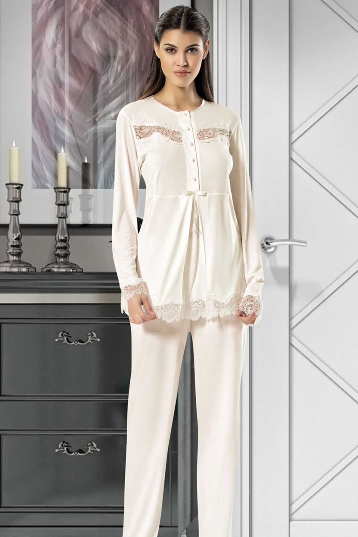 X-Ses Kadın Lohusa 3 lü Pijama Takımı Uzun Kollu Dantelli