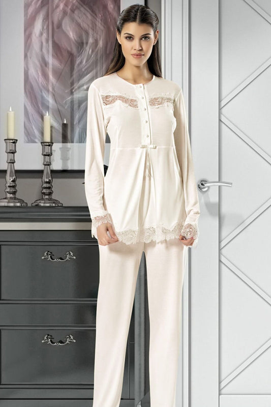 X-Ses Kadın Lohusa 3 lü Pijama Takımı Uzun Kollu Dantelli