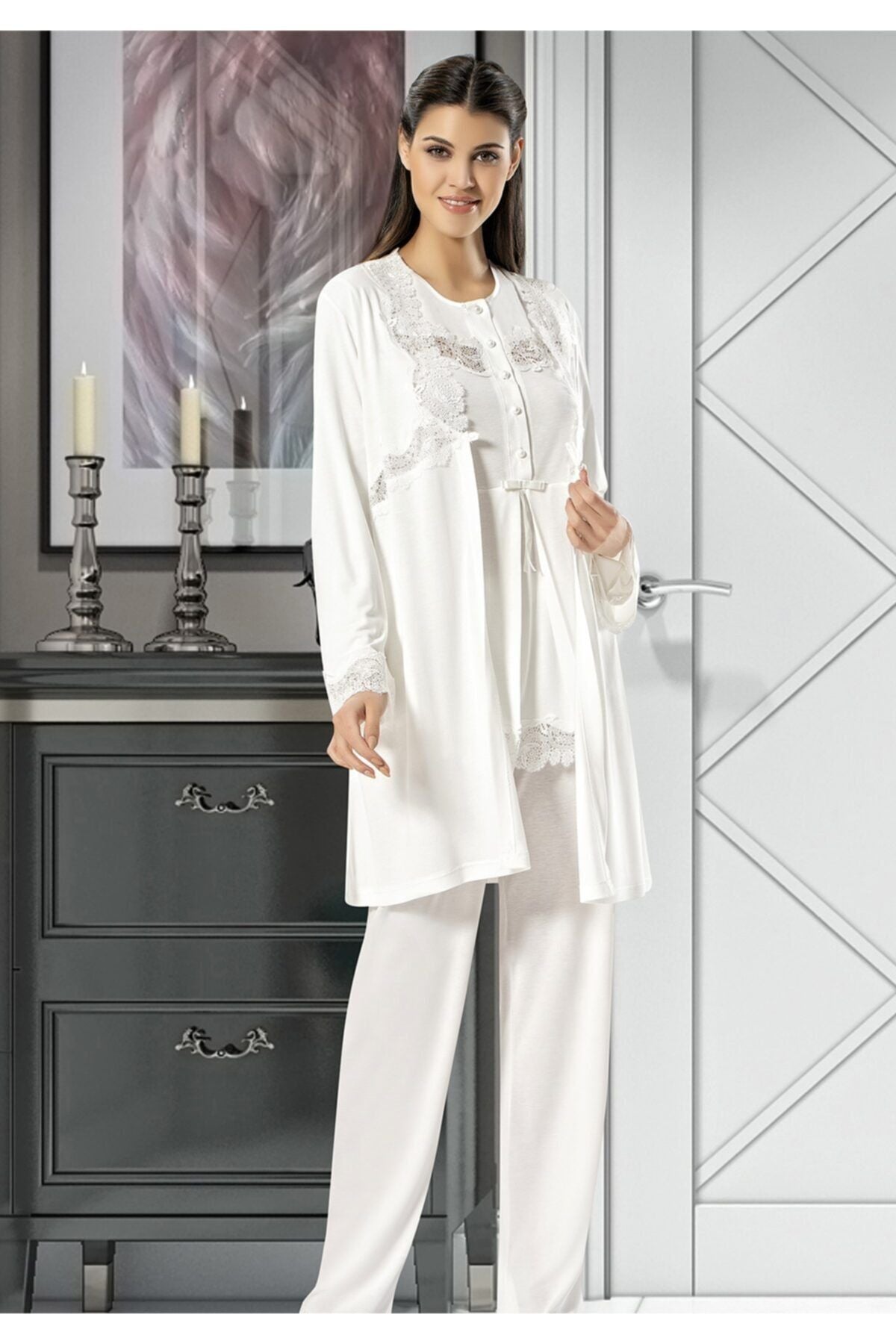 X-Ses Kadın Lohusa 3 lü Pijama Takımı Uzun Kollu Dantelli