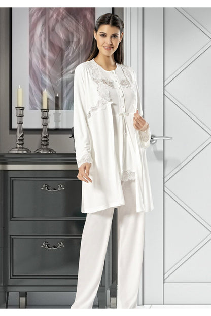 X-Ses Kadın Lohusa 3 lü Pijama Takımı Uzun Kollu Dantelli