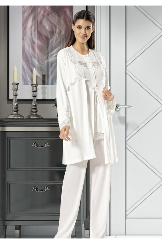 X-Ses Kadın Lohusa 3 lü Pijama Takımı Uzun Kollu Dantelli