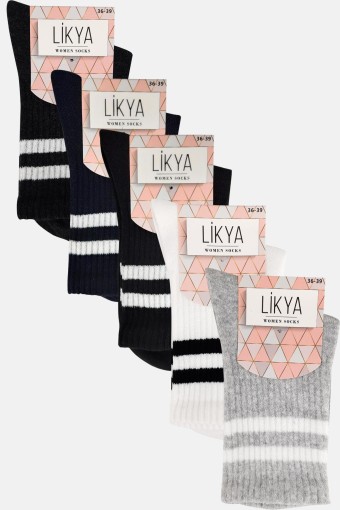 LİKYA ÇORAP - Likya Kadın Pamuklu Soket Tenis Çorabı - Çizgili (12 adet)