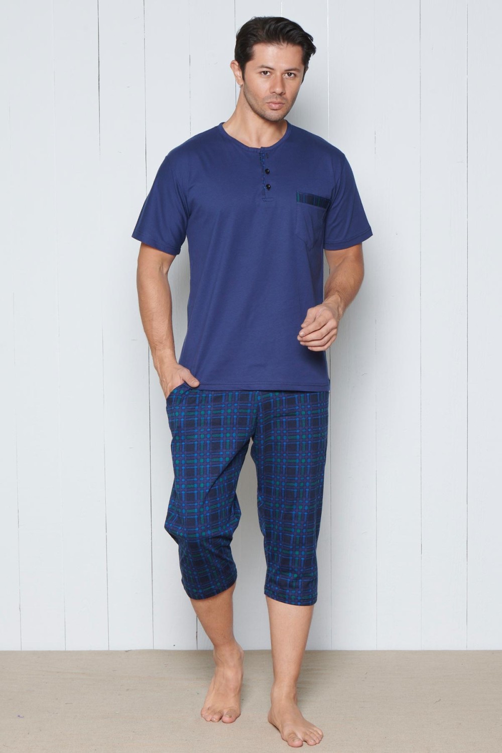 PINARCA EV GİYİM - Pınarca Erkek Pijama Takımı Kısa Kollu Kaprili Alt Ekose Desenli Pamuklu